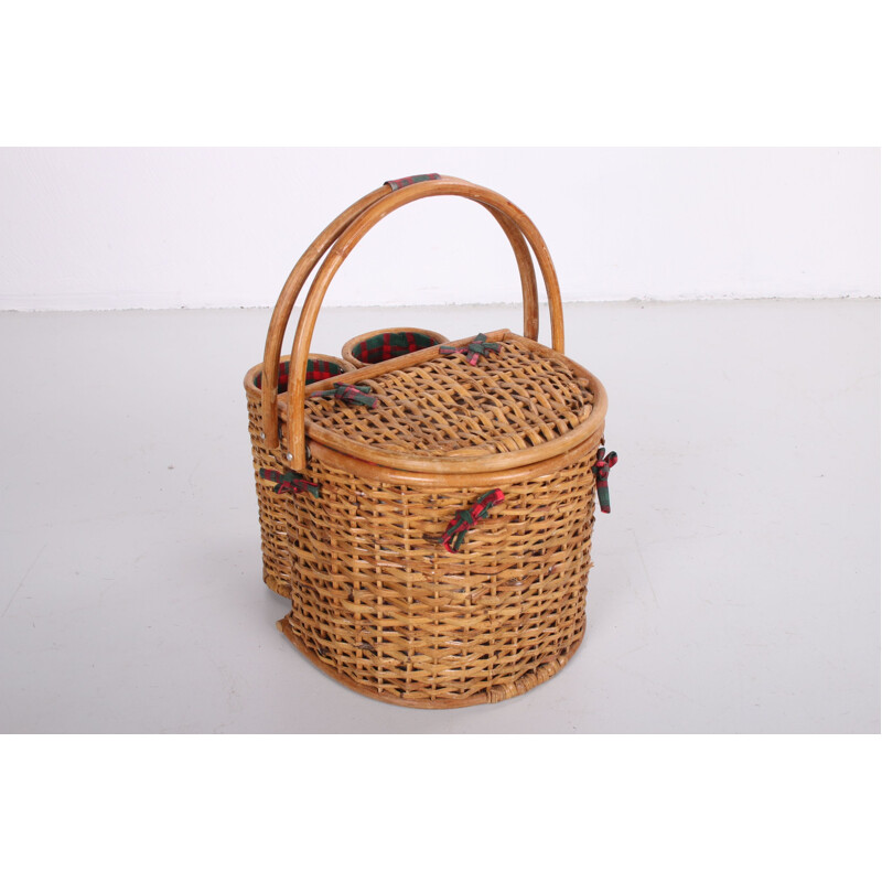 Vintage rattan picnic basket, Scandinavian 1960s