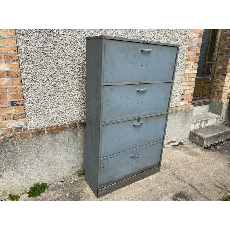 Vintage storage cabinet with 4 doors and swivel flaps industrial metal locker 1950s