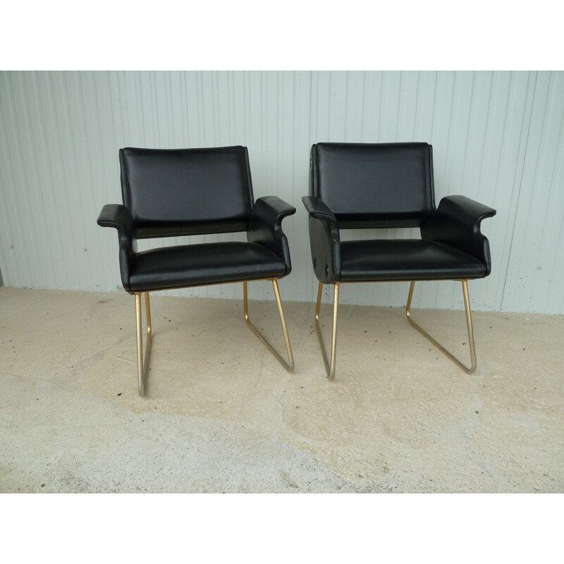 Pair of armchairs in black faux leather - 1950s