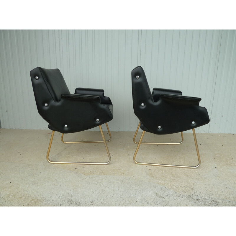 Pair of armchairs in black faux leather - 1950s
