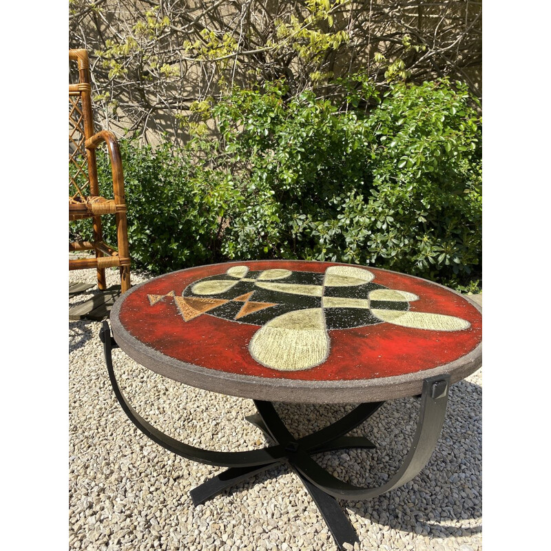Table basse vintage en lave émaillée à décor géométrique de Jean Jaffeux 1960