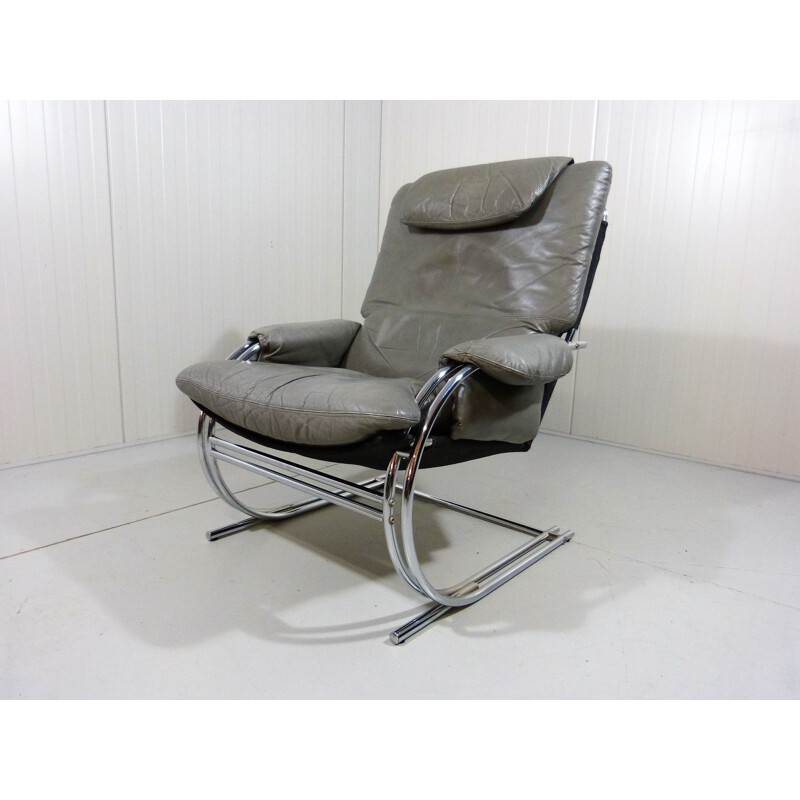 Fauteuil lounge vintage gris en cuir 1980