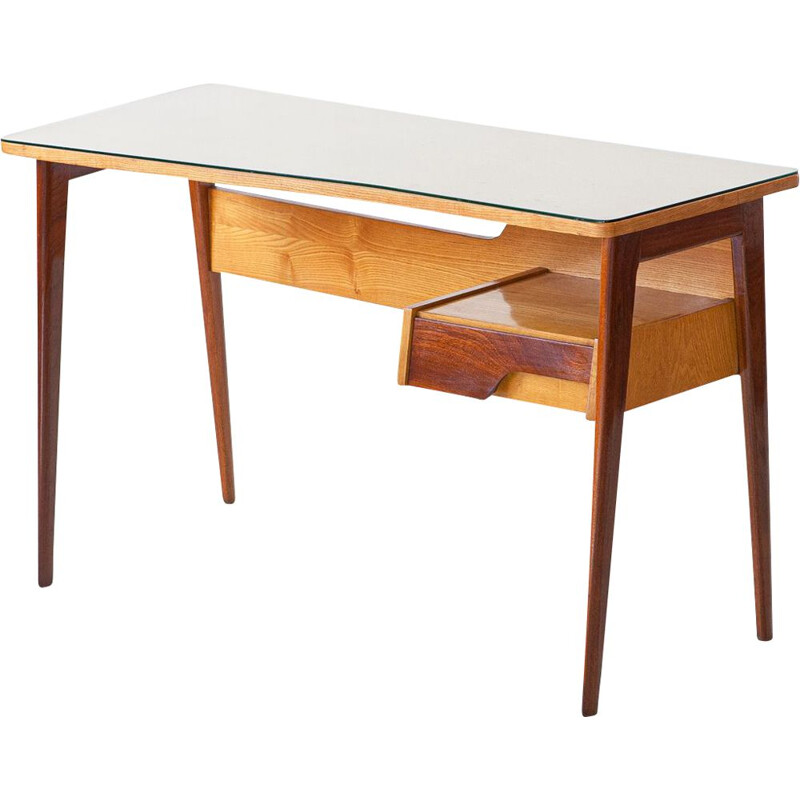 Table de bureau vintage en acajou et bois de chêne avec plateau en verre, Italie 1950