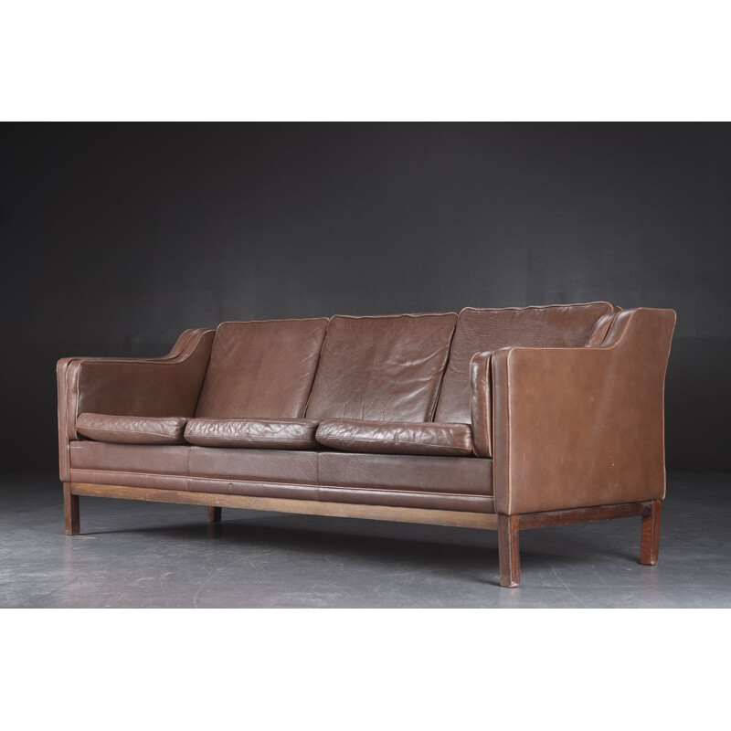 Canapé vintage 3 places en cuir brun par Mogens Hansen, Danois