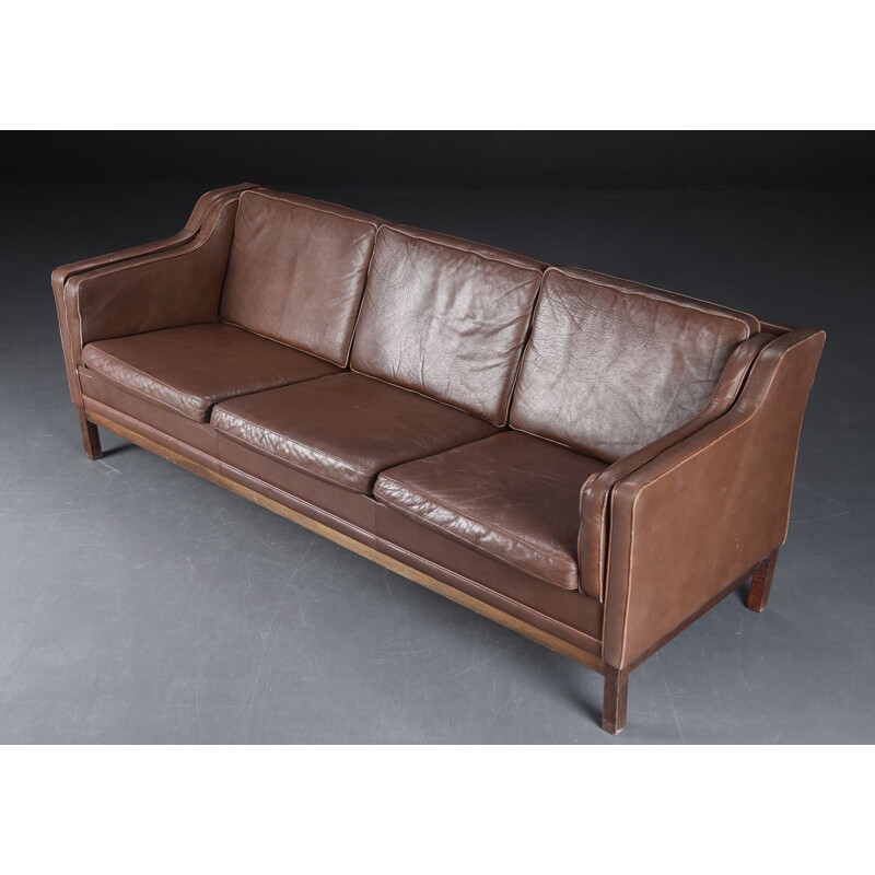 Vintage 3 seater brown leather sofa by Mogens Hansen, Danish