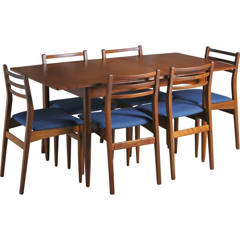 Vintage extending teak dining table and 6 chairs, British 1960s