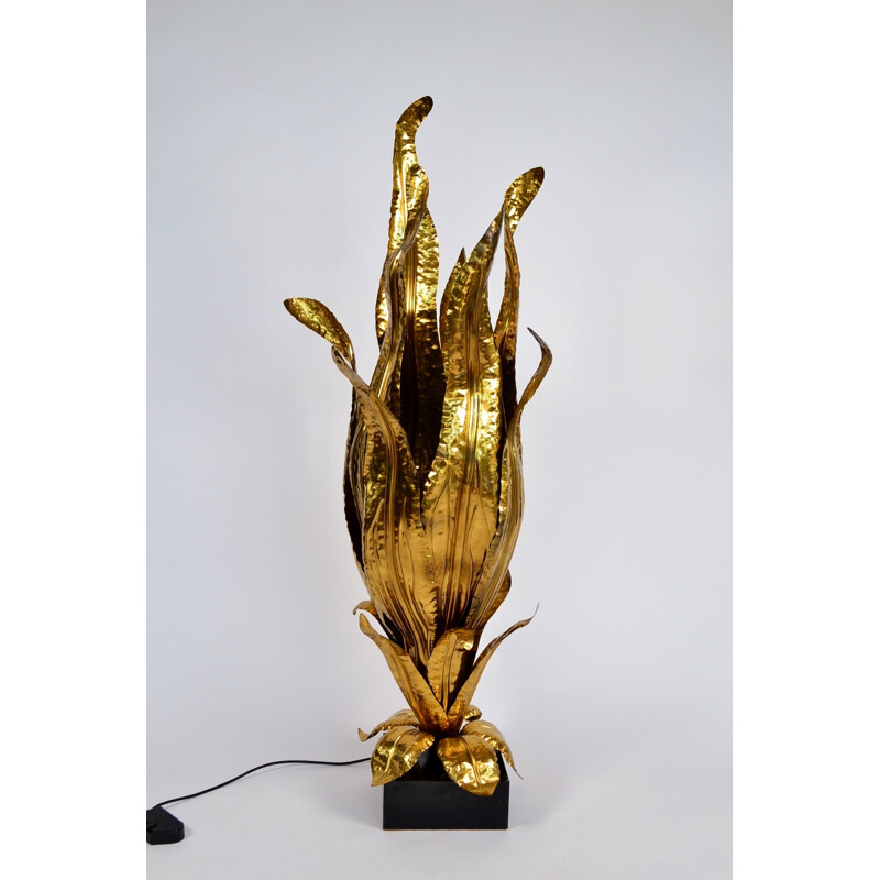 Lampadaire fleur en métal doré et bois - 1970