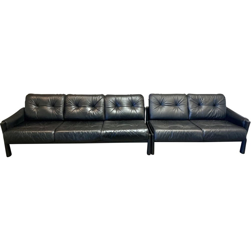 Vintage 5 seater modular sofa in black leather 1960s