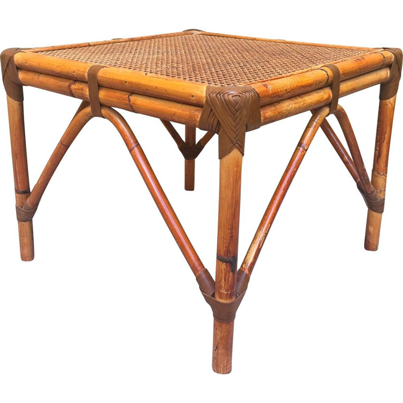 Table basse vintage bois et bambou 1970