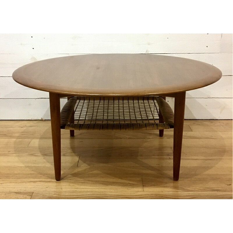 Vintage round teak and rattan coffee table by Johannes Andersen for Silkeborg, Denmark 1960s