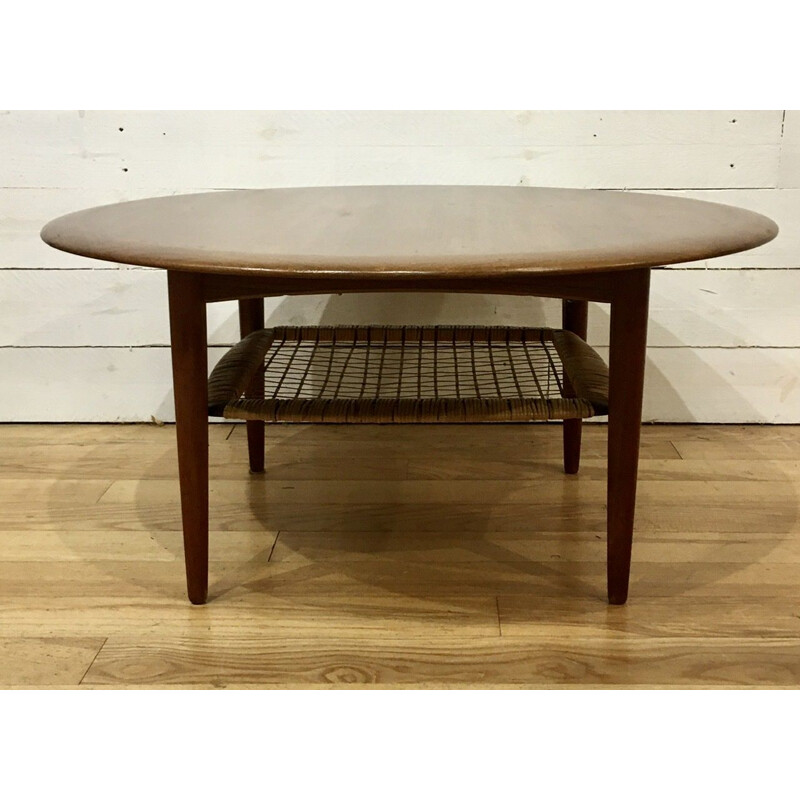 Vintage round teak and rattan coffee table by Johannes Andersen for Silkeborg, Denmark 1960s