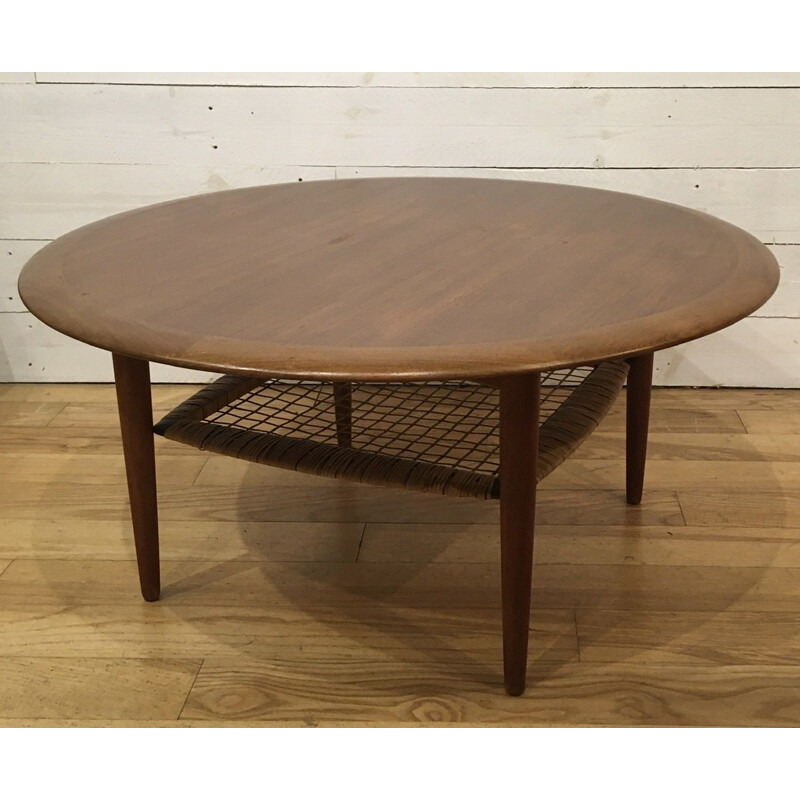 Vintage round teak and rattan coffee table by Johannes Andersen for Silkeborg, Denmark 1960s