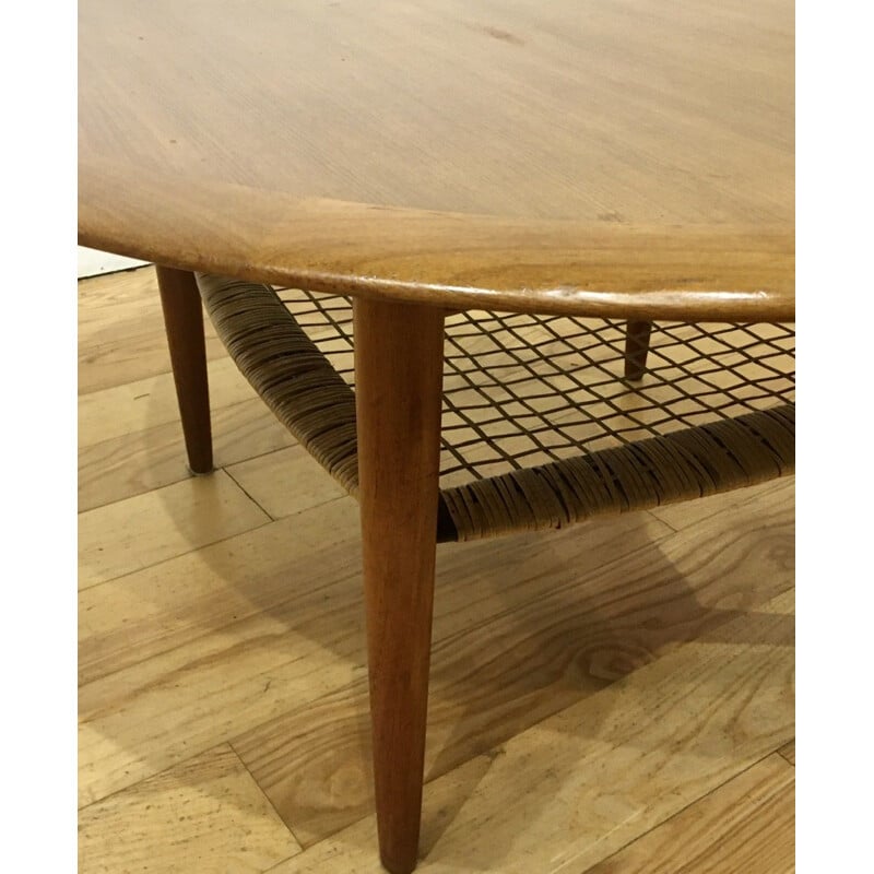 Vintage round teak and rattan coffee table by Johannes Andersen for Silkeborg, Denmark 1960s