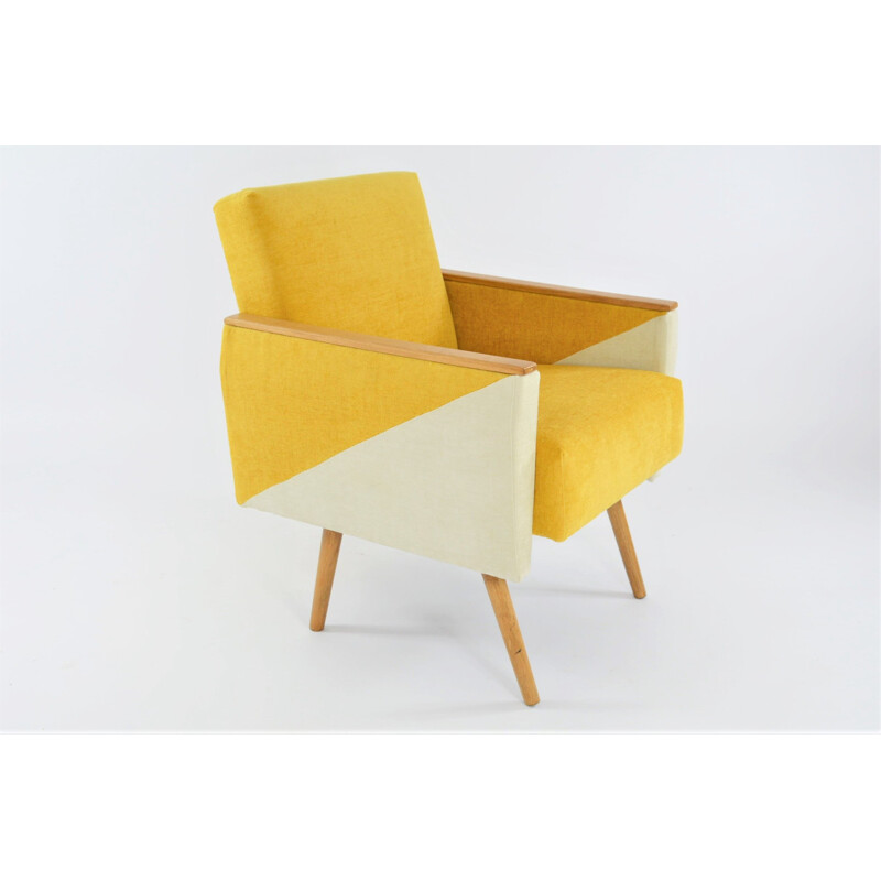 Vintage yellow and ivory geometric square armchairs