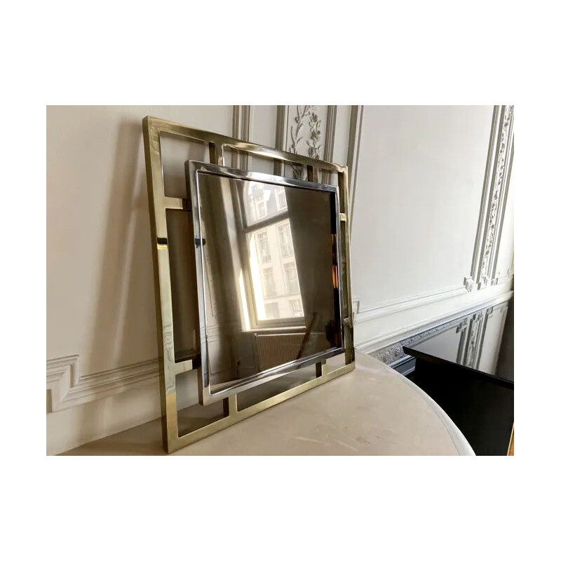 Vintage Belgo chrom square mirror golden and silver, Belgium 1970s