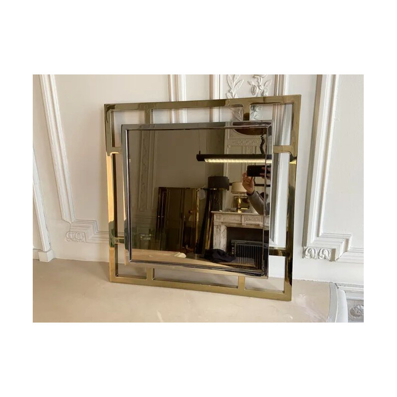 Vintage Belgo chrom square mirror golden and silver, Belgium 1970s