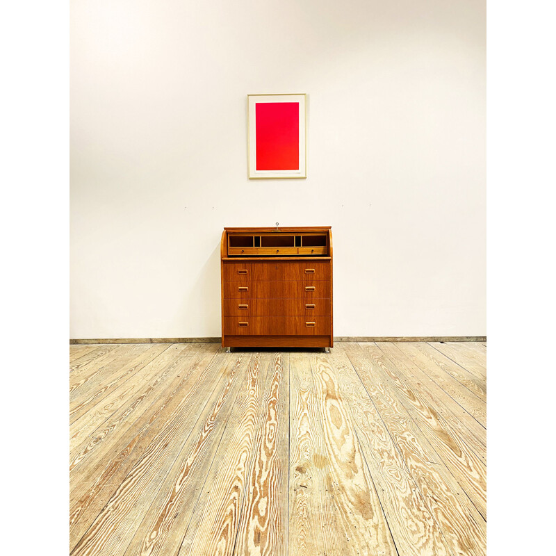 Scandinavian vintage teak writing desk or secretary with scroll top, 1960