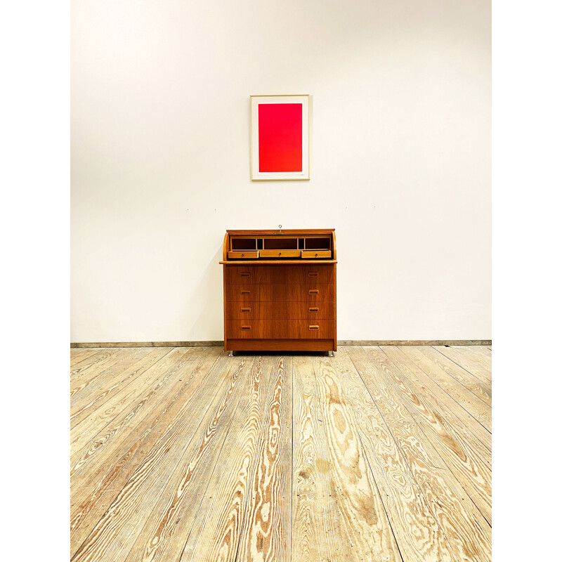 Scandinavian vintage teak writing desk or secretary with scroll top, 1960