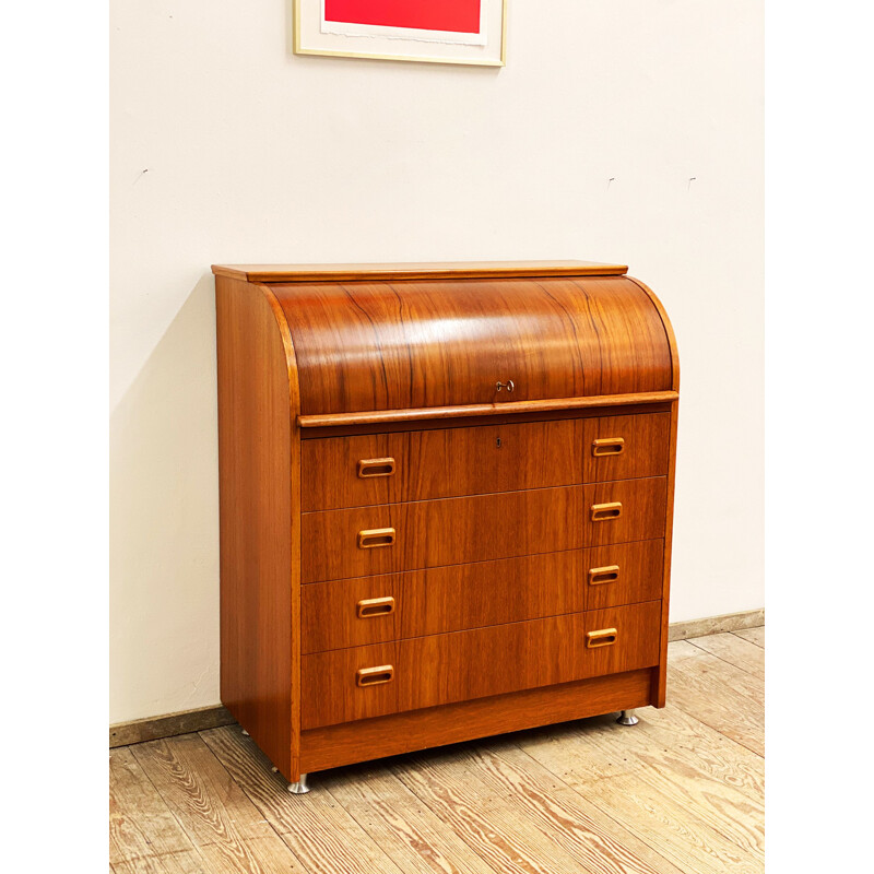 Scandinavian vintage teak writing desk or secretary with scroll top, 1960