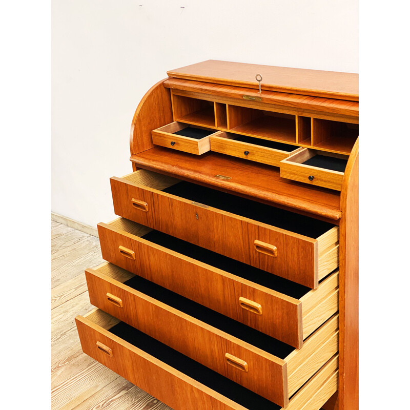 Scandinavian vintage teak writing desk or secretary with scroll top, 1960