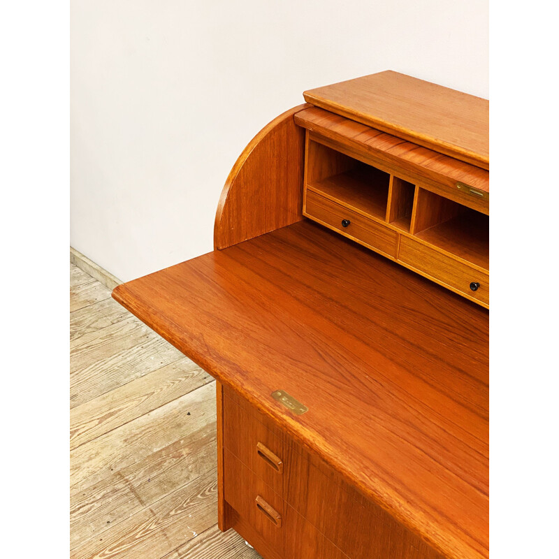 Scandinavian vintage teak writing desk or secretary with scroll top, 1960