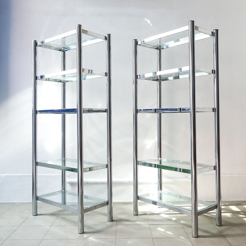 Pair of vintage shelves in polished chrome and glass 1970