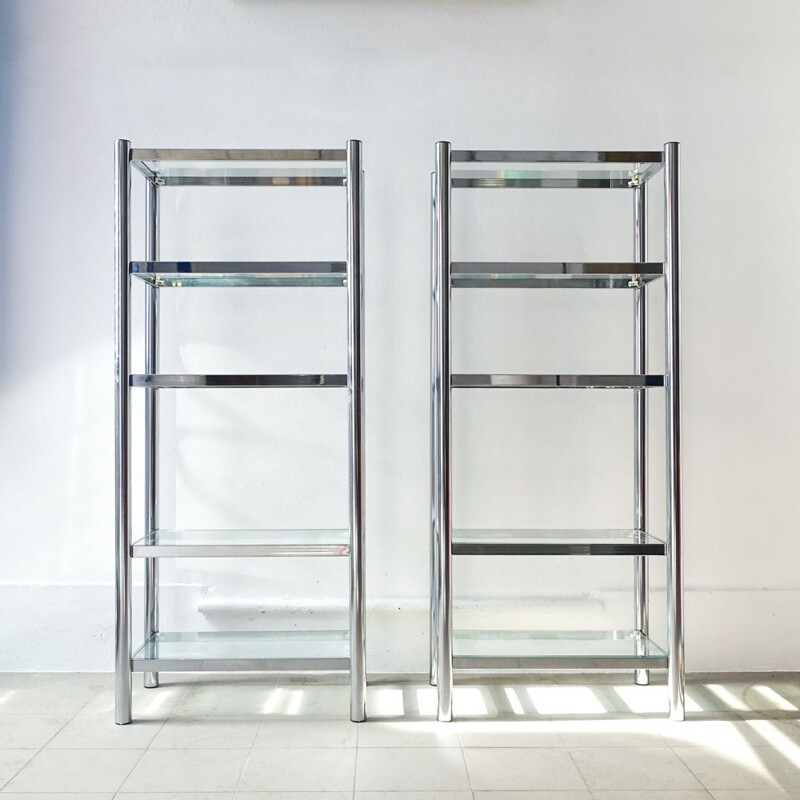 Pair of vintage shelves in polished chrome and glass 1970