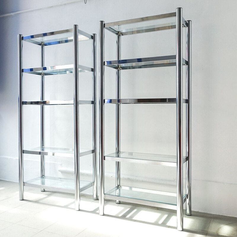 Pair of vintage shelves in polished chrome and glass 1970