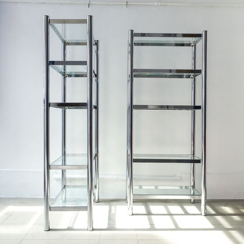 Pair of vintage shelves in polished chrome and glass 1970