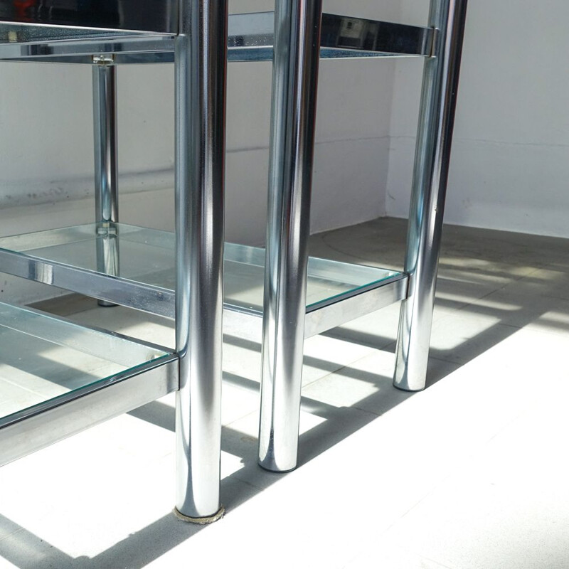 Pair of vintage shelves in polished chrome and glass 1970