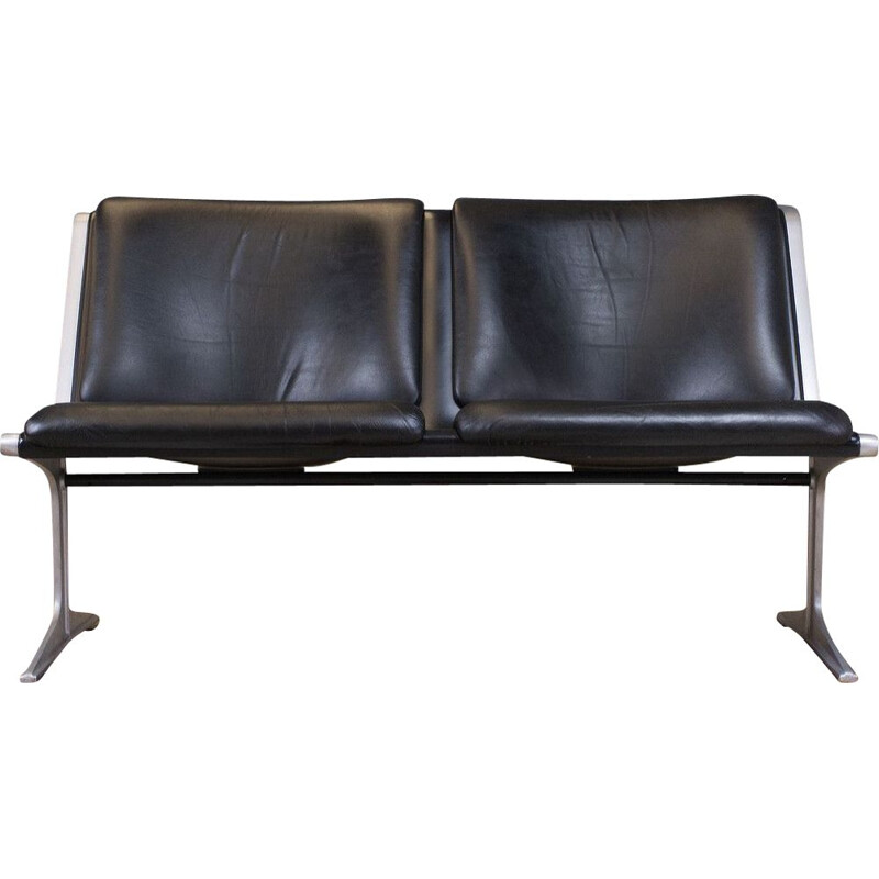 Vintage 1200 series bench in black leather by Friso Kramer for Wilkhahn 1967