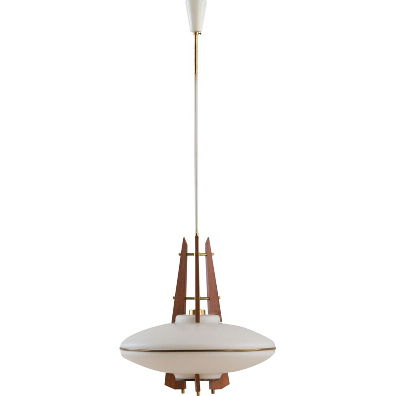 Vintage teak and opaline glass pendant lamp with brass details, Italy 1960s