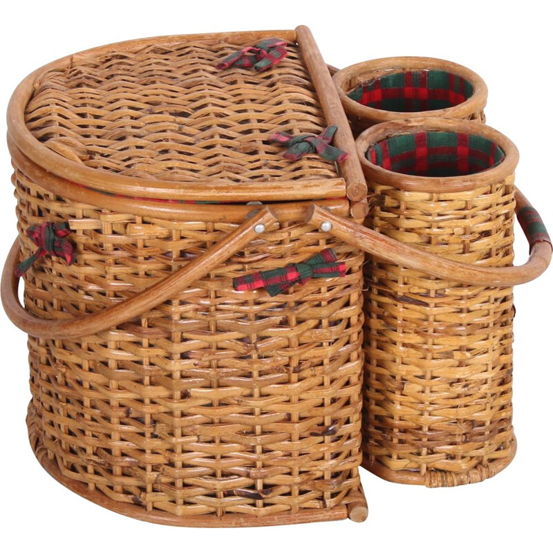 Vintage rattan picnic basket, Scandinavian 1960s