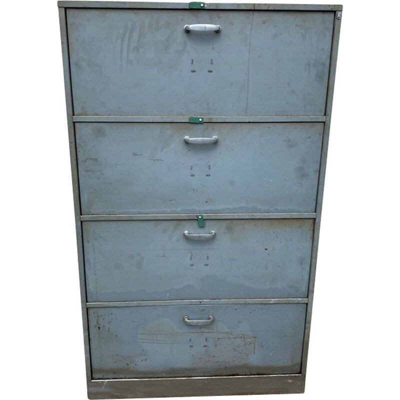 Meuble de rangement vintage à 4 portes clapets pivotants casier industriel métal 1950
