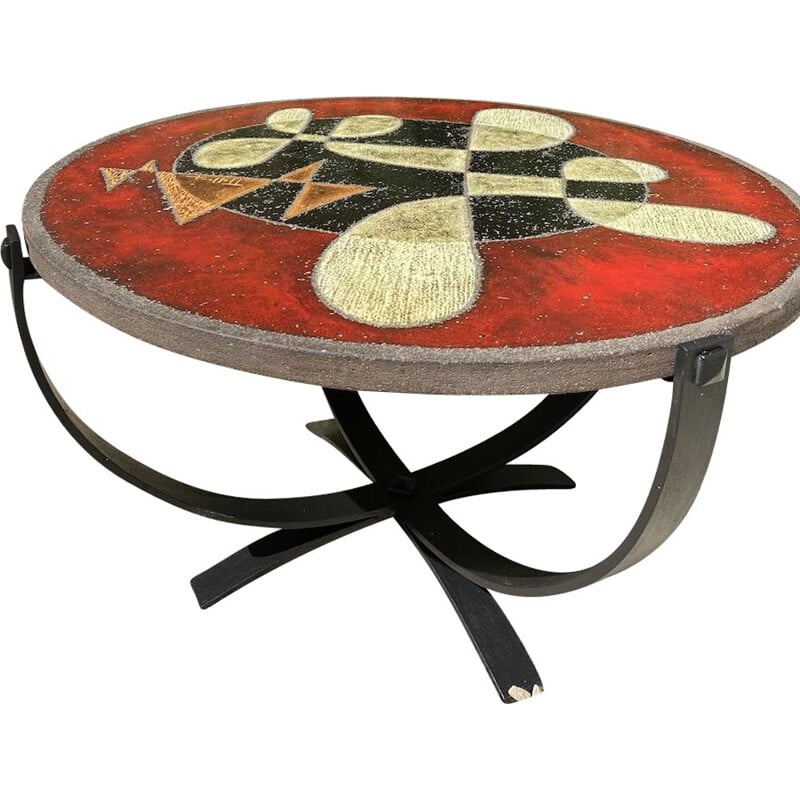 Table basse vintage en lave émaillée à décor géométrique de Jean Jaffeux 1960