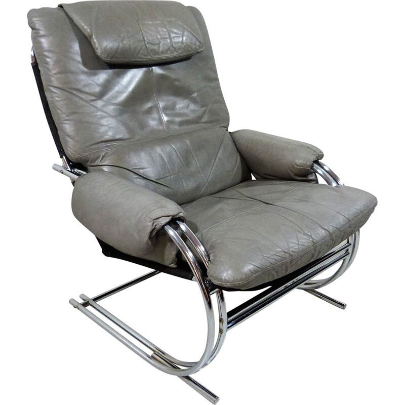 Fauteuil lounge vintage gris en cuir 1980