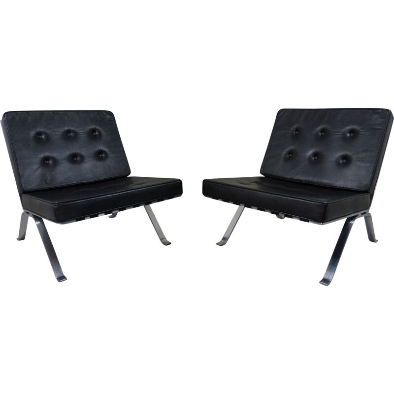 Pair of vintage black leather lounge chairs 1960s