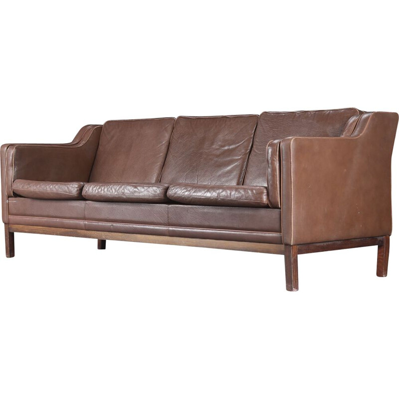 Vintage 3 seater brown leather sofa by Mogens Hansen, Danish