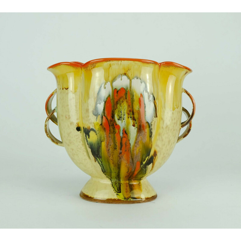 Vase vintage Art Déco Dumler Breiden Drip glaze double poignée en céramique par Dümler & Breiden 1930