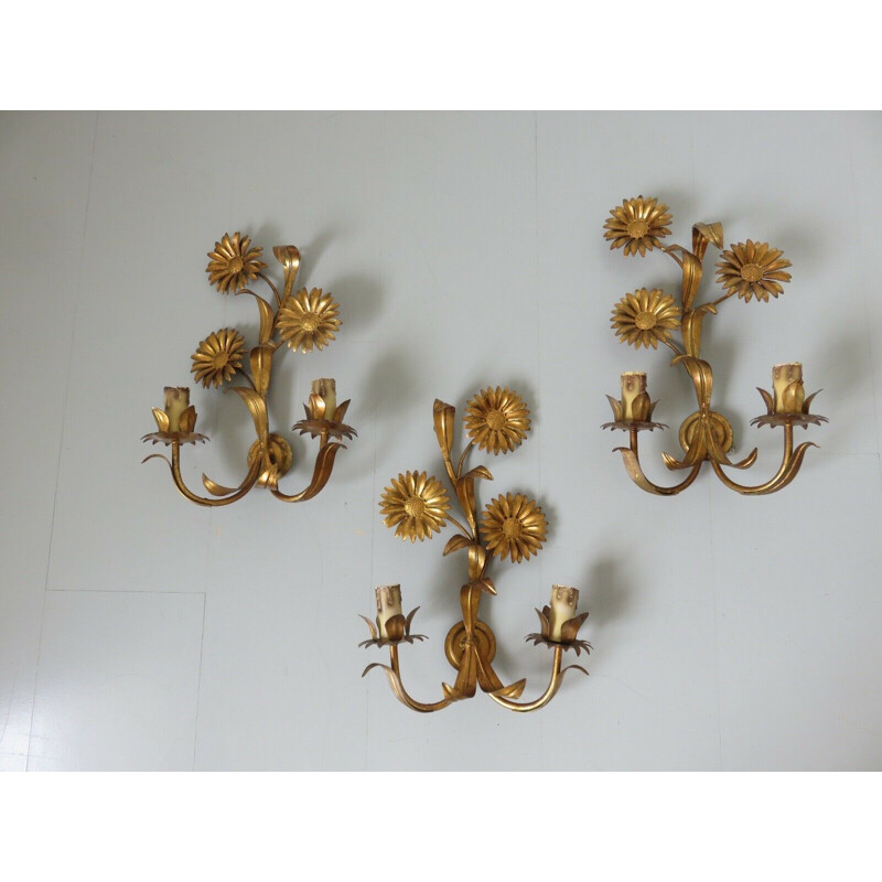 Set of 3 vintage sconces with sunflowers 1970s