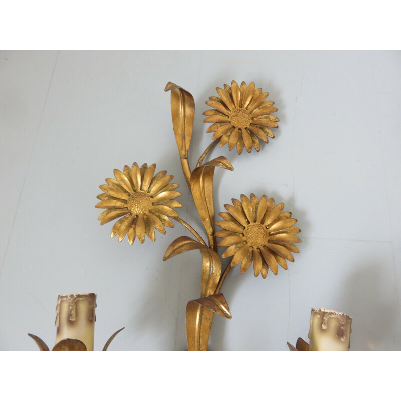 Set of 3 vintage sconces with sunflowers 1970s