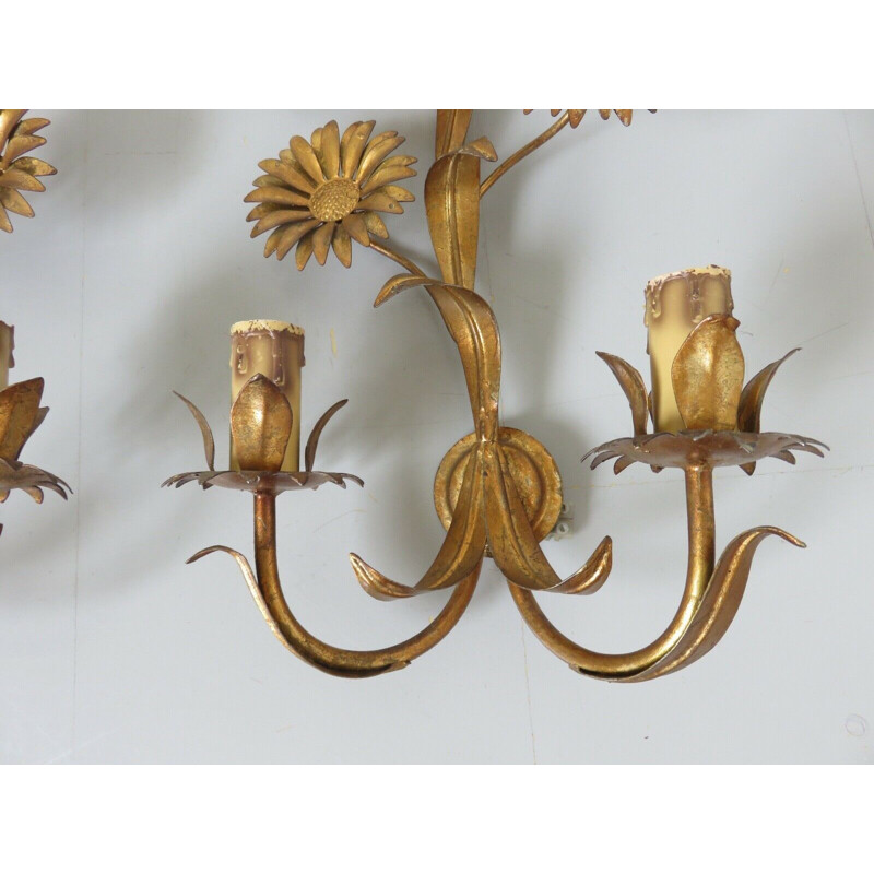 Set of 3 vintage sconces with sunflowers 1970s