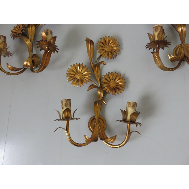 Set of 3 vintage sconces with sunflowers 1970s