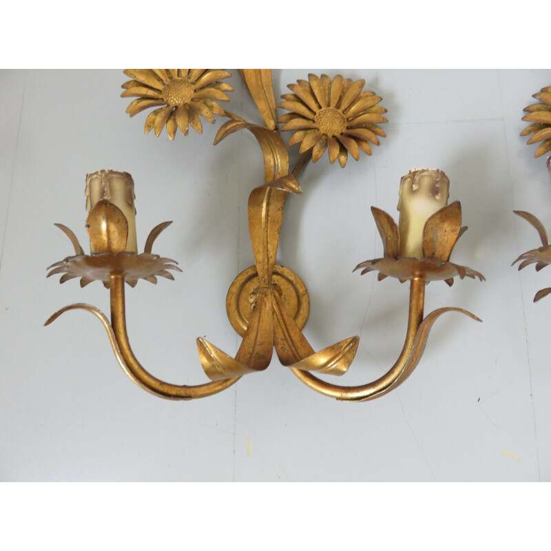 Set of 3 vintage sconces with sunflowers 1970s