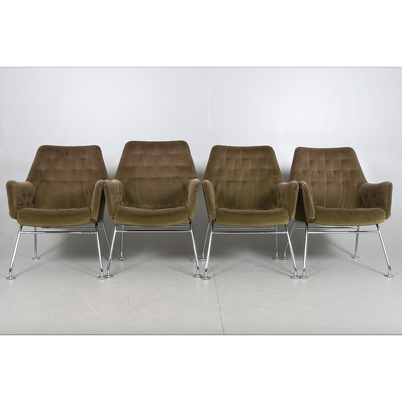 Set of four "Myrja" Scandinavian Dux armchairs in green velvet, Bruno MATHSSON - 1970s