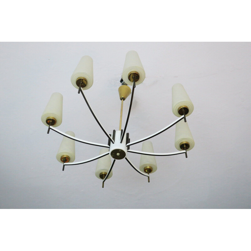 Vintage Brass and Art Glass Chandelier, Italian 1970