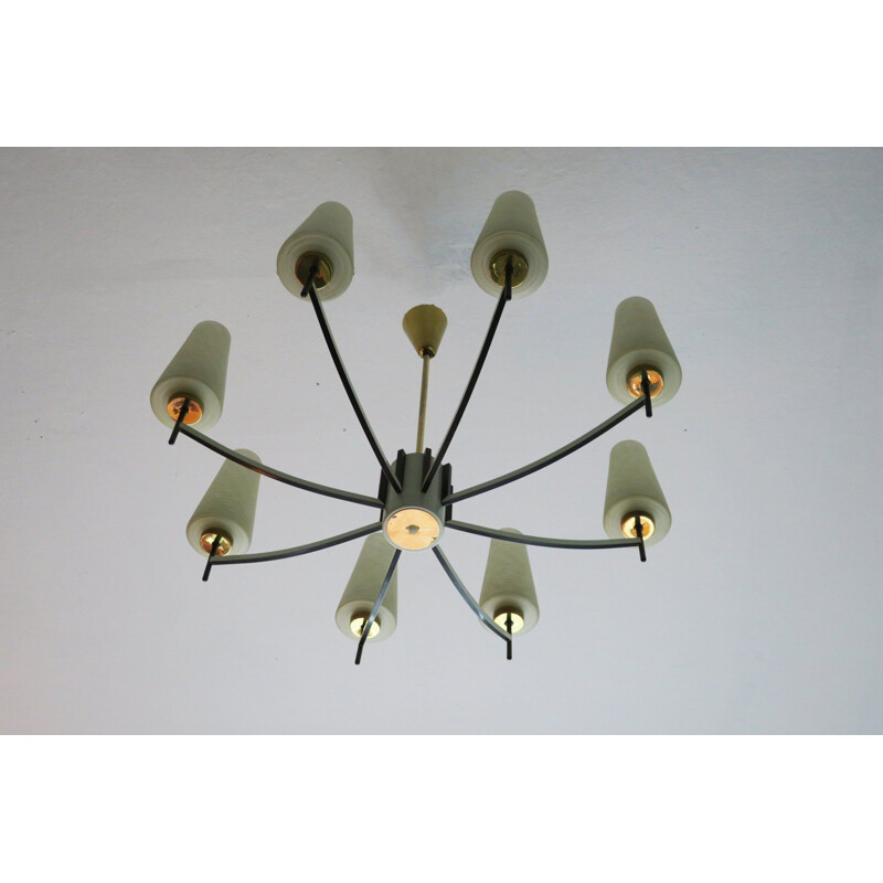 Vintage Brass and Art Glass Chandelier, Italian 1970