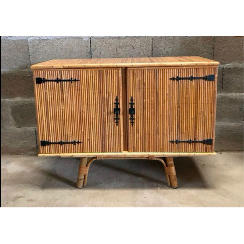 Vintage Split bamboo and wrought iron sideboard by Audoux Minet 1950s