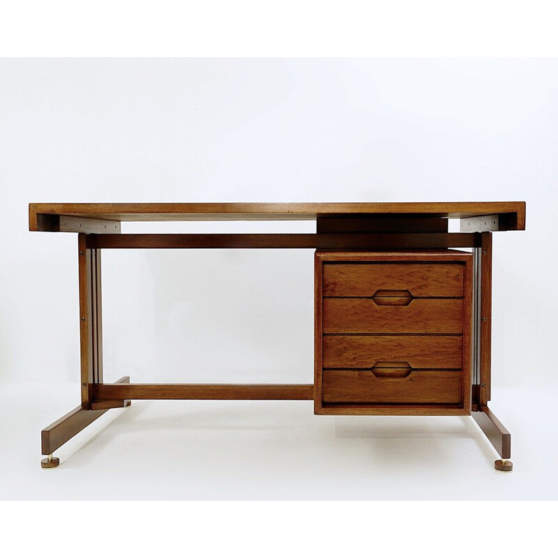 Vintage Double-sided teak and leather desk, Italian 1960s