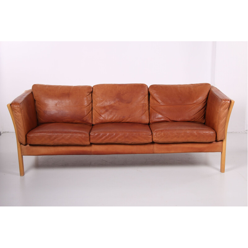 Vintage cognac leather sofa by Mogens Hansen, Danish